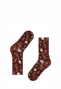 Calze bordeaux con un design festivo che presenta fiori bianchi, foglie verdi, nastri dorati e bastoncini di zucchero su un tessuto morbido e textured.