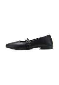 Schwarze Leder-Ballerinas mit spitzem Zehenbereich, zwei dekorativen Riemen über dem Spann und einem niedrigen rechteckigen Absatz. Glatte Textur.
