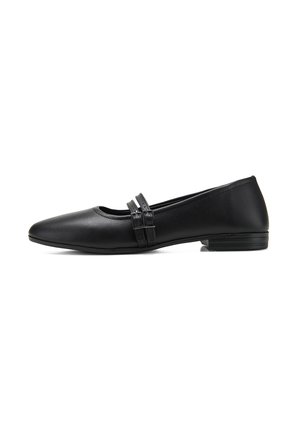 Schwarze Leder-Ballerinas mit spitzem Zehenbereich, zwei dekorativen Riemen über dem Spann und einem niedrigen rechteckigen Absatz. Glatte Textur.