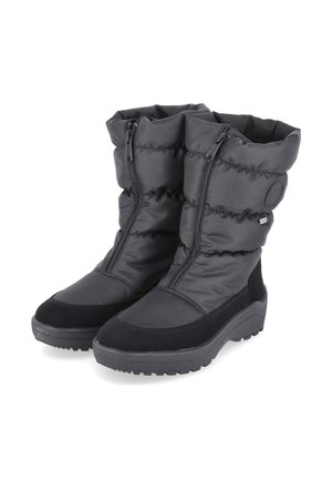 Schwarze isolierte Winterstiefel mit Vorderreißverschlüssen und strukturierten Sohlen, entwickelt für Wärme und den Außeneinsatz.