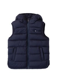 Marineblauer gepolsterter Vest mit Kapuze, ausgestattet mit einem Reißverschluss vorne, zwei Seitentaschen und einer gesteppten Textur. Logo auf der linken Brustseite.