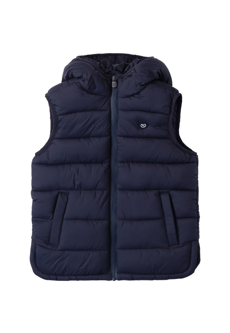 Marineblauer gepolsterter Vest mit Kapuze, ausgestattet mit einem Reißverschluss vorne, zwei Seitentaschen und einer gesteppten Textur. Logo auf der linken Brustseite.