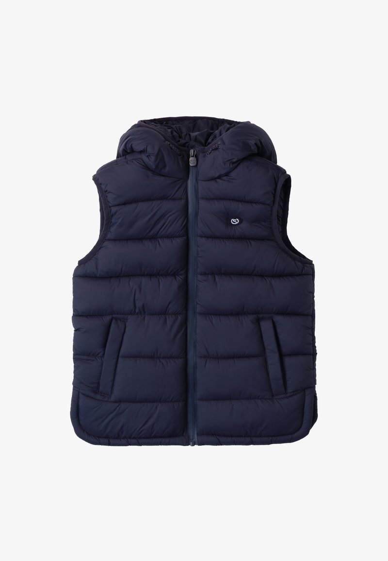 Marineblauer gepolsterter Vest mit Kapuze, ausgestattet mit einem Reißverschluss vorne, zwei Seitentaschen und einer gesteppten Textur. Logo auf der linken Brustseite.