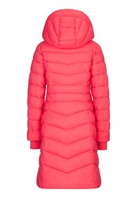 Gevoerde parka in felroze met een chevronpatroon. Heeft een capuchon en lange mouwen, ontworpen voor warmte en comfort.