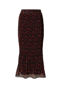 Jupe midi plissée noire avec petit imprimé floral rouge et ourlet évasé.