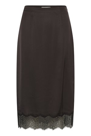 Dark brown knee-length skirt with a straight cut and black floral lace trim at the hem.