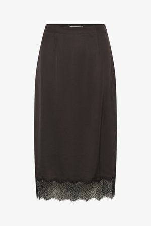 Dark brown knee-length skirt with a straight cut and black floral lace trim at the hem.