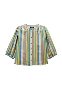 Chemise rayée en tissu léger dans des couleurs pastel—jaune, bleu et pêche—dotée d'un col rond, d'une fermeture à boutons et de manches bouffantes 3/4.