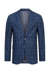 Blazer bleu marine homme avec motif à carreaux blancs style fenêtre, deux boutons, revers crantés et poches à rabat.