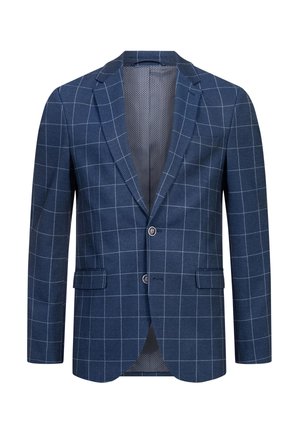 Blazer da uomo blu navy con motivo a quadri bianchi a finestra, due bottoni, rever a lancia e tasche con pattina.