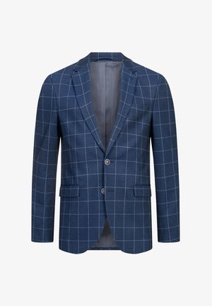 Navy blue men's blazer with white windowpane check pattern, two buttons, notch lapels, and flap pockets.