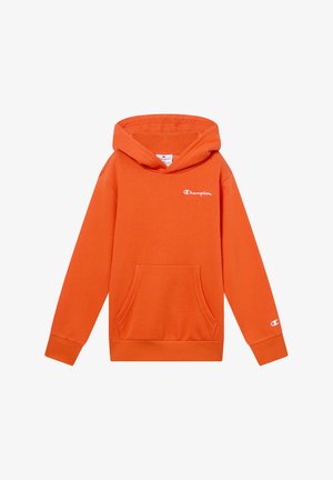 Sweatshirt à capuche orange en tissu doux. Il dispose d'une poche kangourou à l'avant, de poignets côtelés et d'un petit logo blanc sur la poitrine.