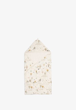 Hooded baby handdoek van crèmekleurige stof met een zachte badstof voering. Voorzien van speelse natuurillustraties in rustige kleuren, waaronder bomen en dieren.