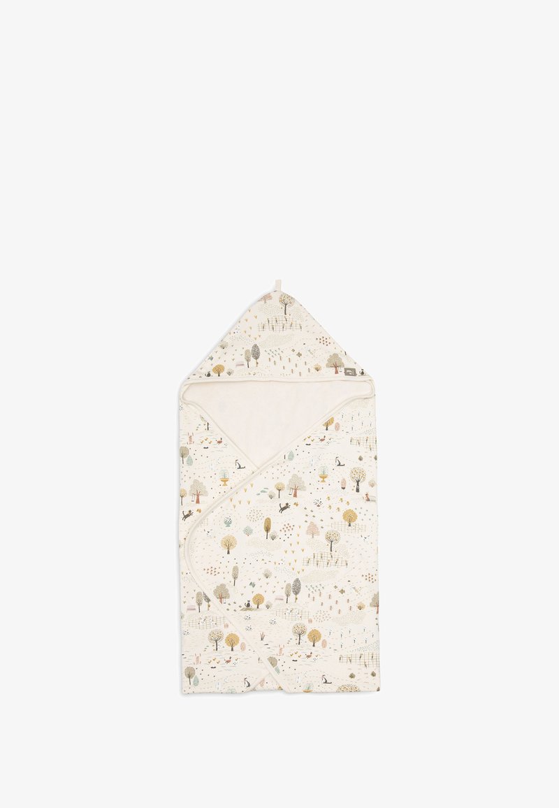 Hooded baby handdoek van crèmekleurige stof met een zachte badstof voering. Voorzien van speelse natuurillustraties in rustige kleuren, waaronder bomen en dieren.