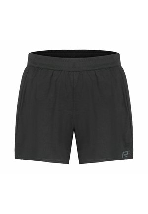 Sorte atletikshorts med elastisk talje, tekstureret stof, sidelommer og en grå logo på det nederste højre ben.