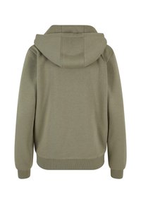 Sudadera verde oliva con capucha ajustable, puños y dobladillo acanalados. Fabricada en un material suave, presenta un diseño de espalda simple y sin costuras.