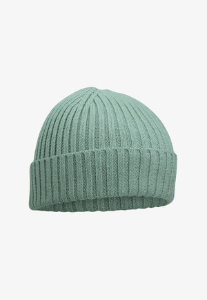 Lichtgroene gebreide muts met geribbelde textuur en een omgeslagen boord. De stof is zacht en rekbaar, ontworpen voor warmte en comfort.