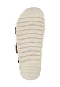 Zool van een sandaal met een gestructureerde witte rubberen basis en horizontale groeven, en een maatvermelding van 37 aan de zijkant.