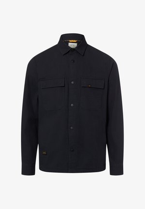 Schwarzes Hemd mit Knopfleiste aus strukturiertem Stoff, mit zwei Brusttaschen, spitzem Kragen und einem Etikett unten links.