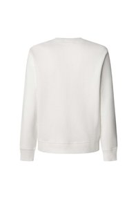 Sudadera blanca con cuello redondo, mangas largas y puños de canalé. Textura suave y un diseño simple, vista desde la parte de atrás.