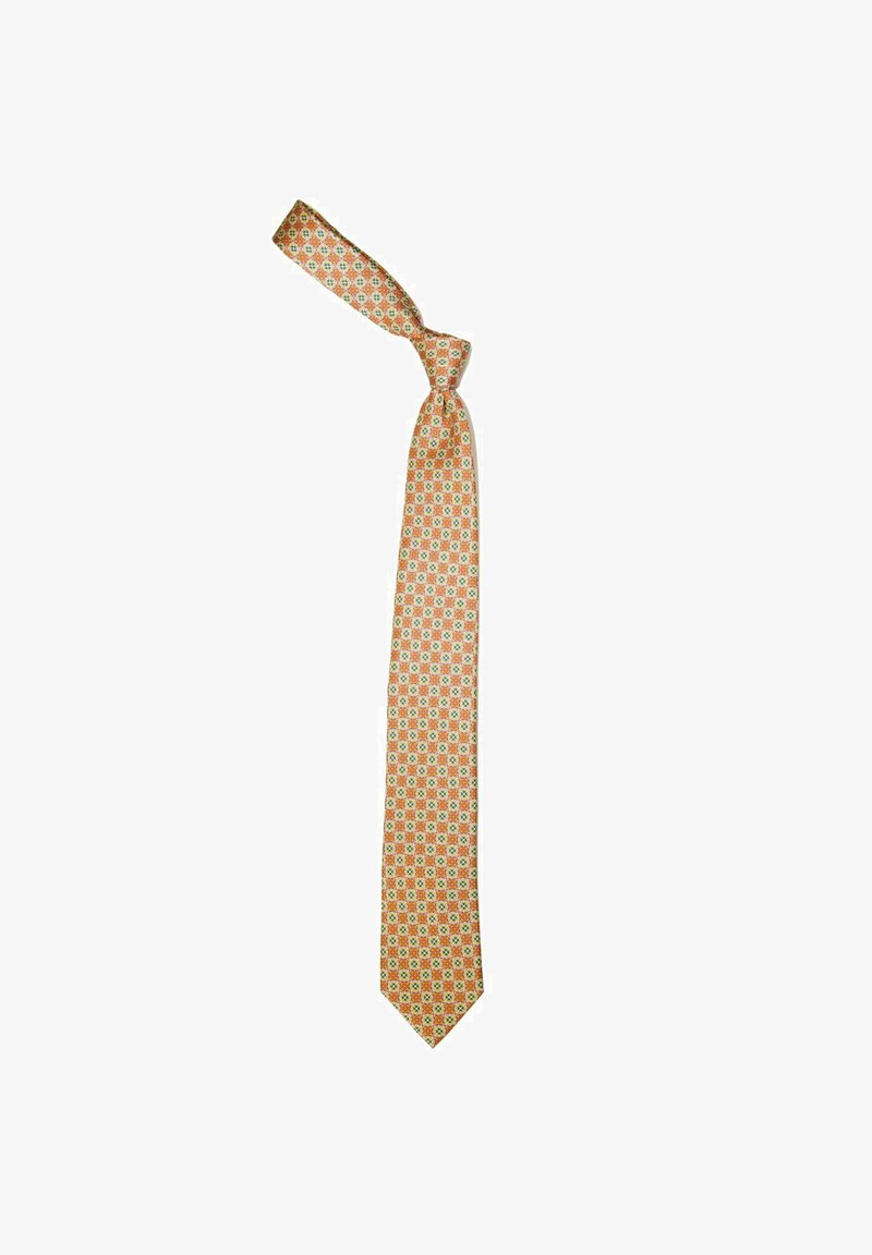 Geweven zijden stropdas met een geometrisch patroon in oranje, teal en crème, met een standaard breedte en een spitse punt. Zachte textuur.