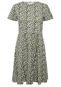 Sukienka z krótkim rękawem w oliwkowym kolorze z białym wzorem liści, z dopasowaną górą, rozkloszowanym dołem i gładką teksturą materiału.