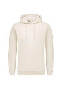 Hoodie in gebroken wit, met een trekkoord, ribgebreide boorden en onderrand. Eenvoudig ontwerp met een subtiele "PURE PATH" logo op de voorkant.