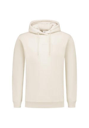 Hooded sweatshirt in off-white, featuring a drawstring, ribbed cuffs, and hem. Simple design with a subtle "PURE PATH" logo on the front.