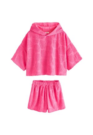 Rosa Kapuzenpullover und passendes Shorts-Set mit strukturiertem Blattmuster, aus weichem Material und mit lässiger Passform.