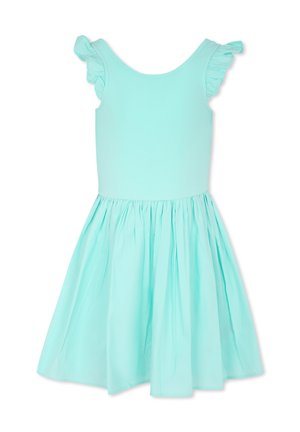 Un vestito verde menta con un corpetto a coste, design senza maniche e rouches testurizzati sulle spalle, con gonna a campana.