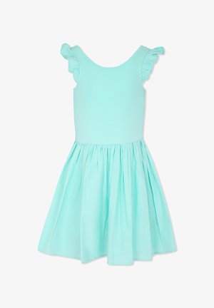 Un vestito verde menta con un corpetto a coste, design senza maniche e rouches testurizzati sulle spalle, con gonna a campana.