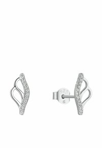 Silver örhängen med en vågig design, som har klara kristaller på ena sidan och öppna öglor på den andra sidan, med stiftfästen.