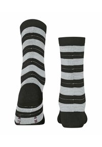 Black and gray striped socks with a smooth texture, featuring alternating wide and narrow stripes, reinforced toe, and heel sections.