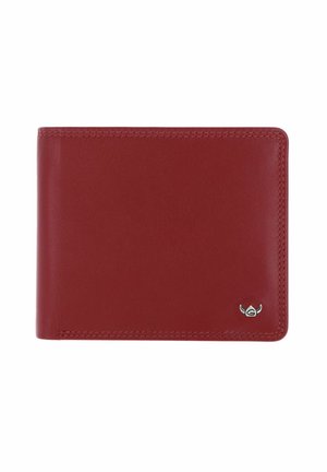 Portefeuille bi-pli en cuir rouge avec des coutures nettes et un petit emblème argenté dans le coin inférieur droit.