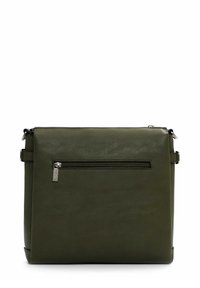 Borsa a tracolla verde in pelle con finitura testurizzata, dotata di tasca frontale con zip e tracolla regolabile.
