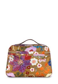 Bloemrijke cosmeticazak in bruin met levendige meerkleurige bloemen. Beschikt over een ritssluiting en een handvat aan de bovenkant voor het dragen. Vervaardigd van glad, duurzaam materiaal.