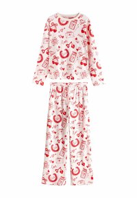 Pijamale roșii și albe cu model imprimat cu inimioare, plicuri și cireșe, cu mâneci lungi și pantaloni cu talie elastică.