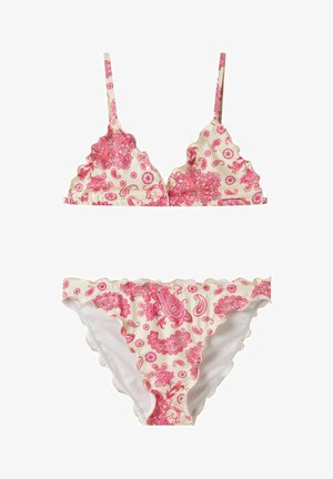 Zweiteiliger Bikini mit pinkfarbenem Paisley- und Blumenmuster auf weißem Stoff, mit wellenförmigen Kanten am Ober- und Unterteil.