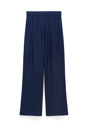 Marineblauwe broek met wijde pijpen, gemaakt van lichtgewicht stof met een elastische tailleband en een gladde textuur, met een design dat tot de enkels reikt en zonder zichtbare patronen.