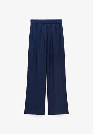 Marineblauwe broek met wijde pijpen, gemaakt van lichtgewicht stof met een elastische tailleband en een gladde textuur, met een design dat tot de enkels reikt en zonder zichtbare patronen.
