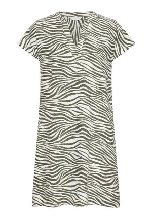 Kraťasové šaty s výstrihom do V, s zeleno-bielym pruhovaným vzorom zebry na ľahkej látke. Priamy strih, po kolená.