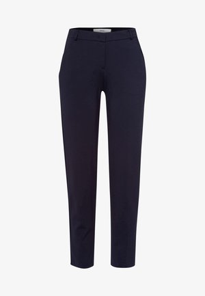 Navy trousers made from a smooth fabric, featuring a tailored fit, belt loops, and side pockets, with a straight leg design.