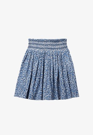 Jupe plissée à motif floral bleu et blanc avec une large ceinture élastiquée smockée, longueur au genou, tissu léger.
