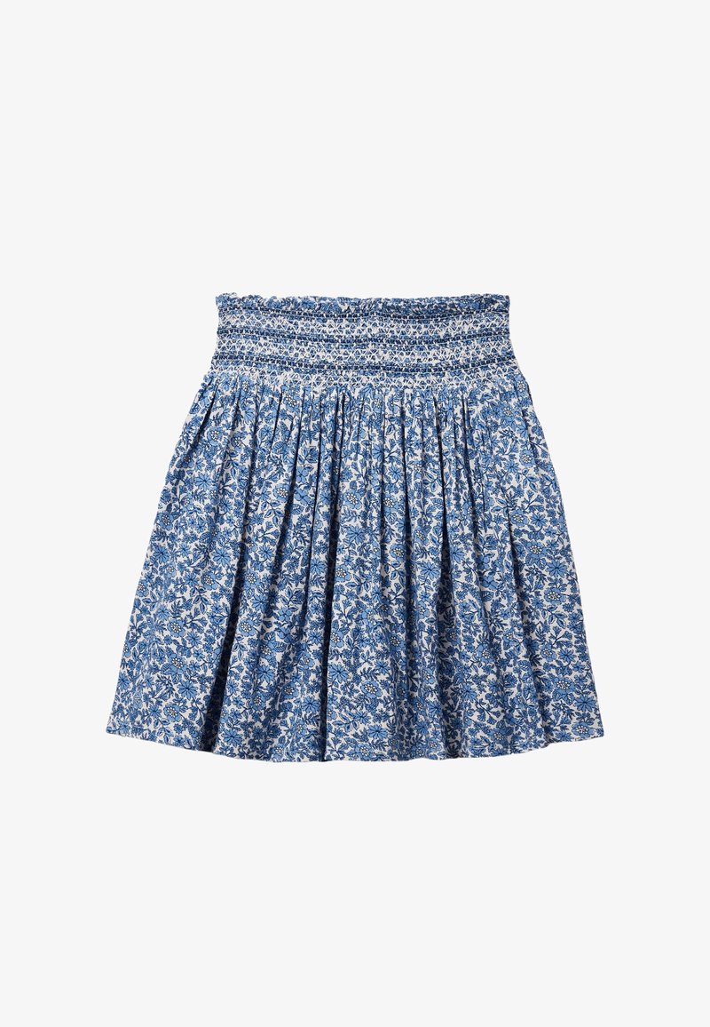 Jupe plissée à motif floral bleu et blanc avec une large ceinture élastiquée smockée, longueur au genou, tissu léger.