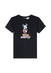 Camiseta de algodón negra con un gráfico impreso colorido de Mickey Mouse y la palabra "MICKEY" en un diseño texturizado en la parte inferior.