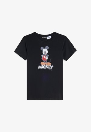 T-shirt in cotone nero con una grafica colorata stampata di Topolino e la parola "MICKEY" in un design testurizzato nella parte inferiore.