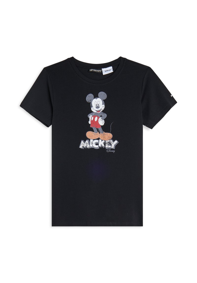 Camiseta de algodón negra con un gráfico impreso colorido de Mickey Mouse y la palabra "MICKEY" en un diseño texturizado en la parte inferior.