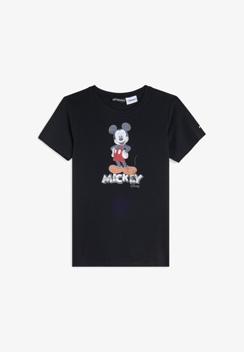 Camiseta de algodón negra con un gráfico impreso colorido de Mickey Mouse y la palabra "MICKEY" en un diseño texturizado en la parte inferior.