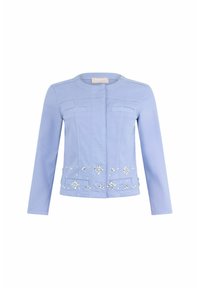 Hellblaues Jeansjackett mit langen Ärmeln, rundem Halsausschnitt, zwei Vordertaschen und verzierten floralen Mustern in Silber am Saum.
