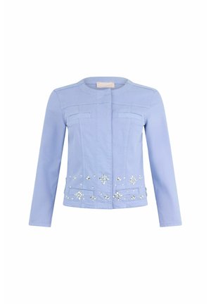 Light blue denim jacket with long sleeves, round neckline, two front pockets, and embellished floral patterns in silver at the hem.